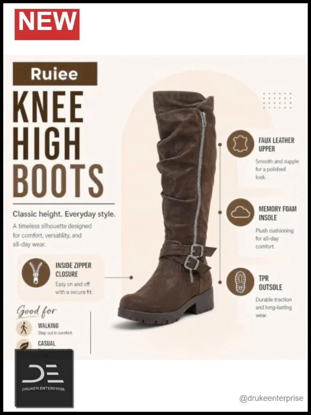 Women's Knee High Slouchy Faux Leather Boots Side Zipper Round Toe